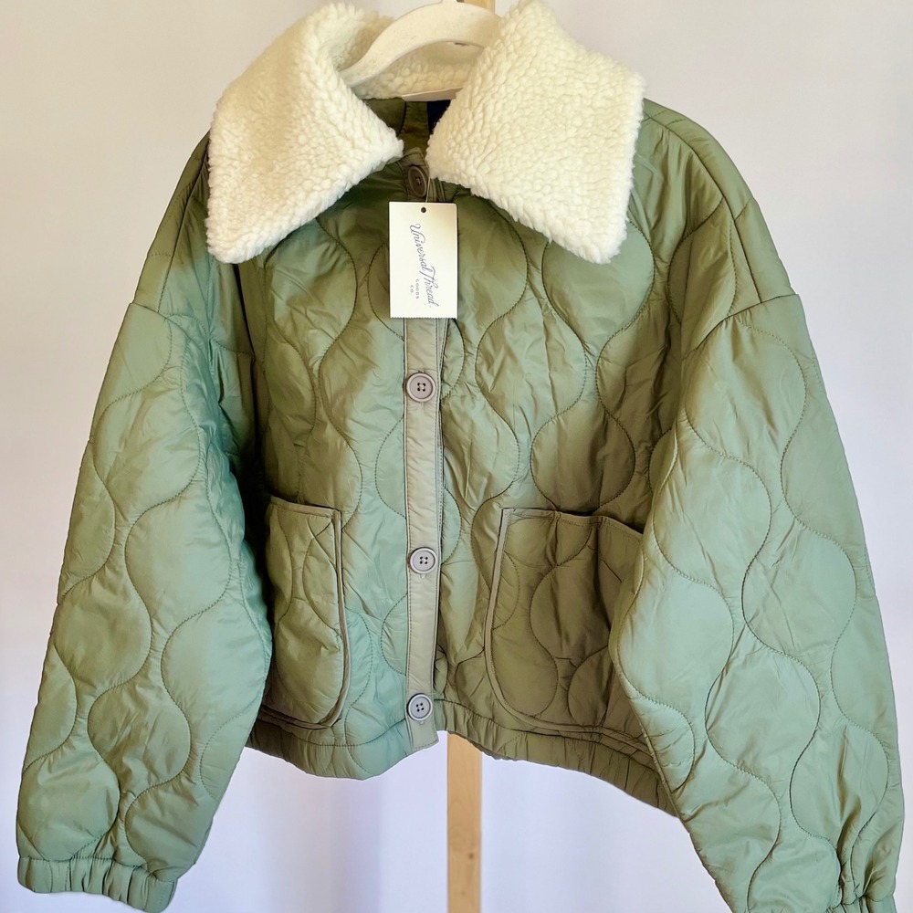 Universal Thread Olive Green Quilted Jacket Faux‎ Shearling Collar Small NWT
